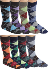Mens Dress Socks with Bright Argyle Patterns - Cotton - Assorted Colors - Crew Length - Pack of 6 Pairs